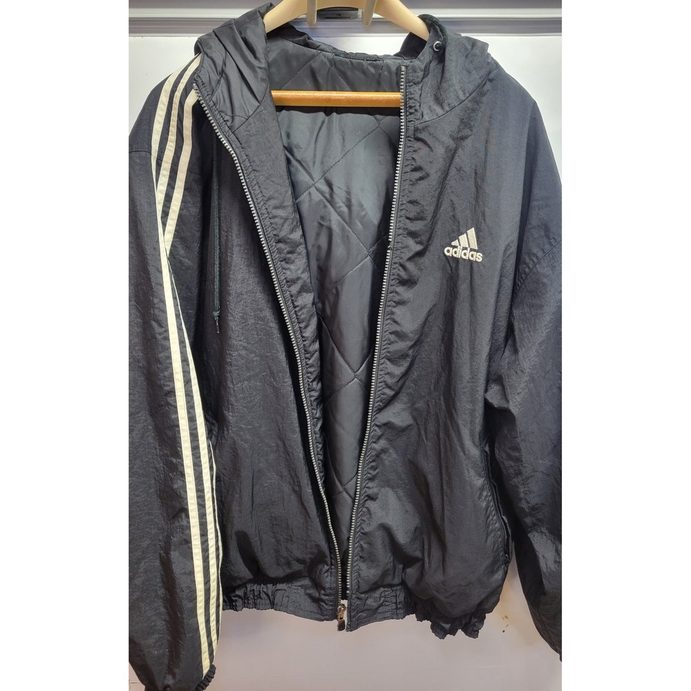Vtg Adidas Black Windbreaker Jacket Men's Full Zip 3 Stripes Hooded coat‎